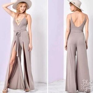 BLUE Blush open leg spaghetti strap jumpsuit. Small. Tan
